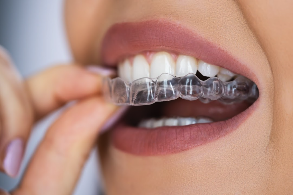 A close-up of a female wearing clear aligners